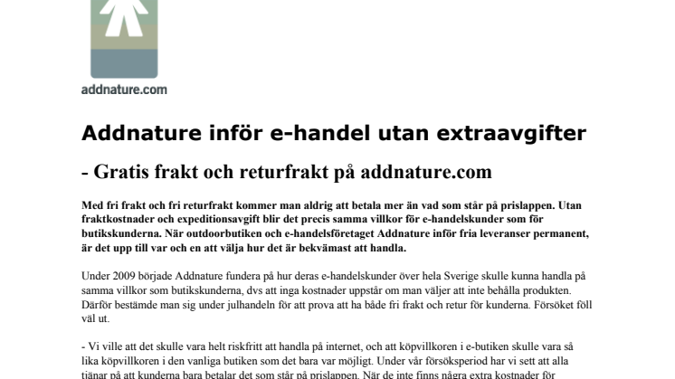 Addnature inför e-handel utan extraavgifter - Gratis frakt och returfrakt på addnature.com