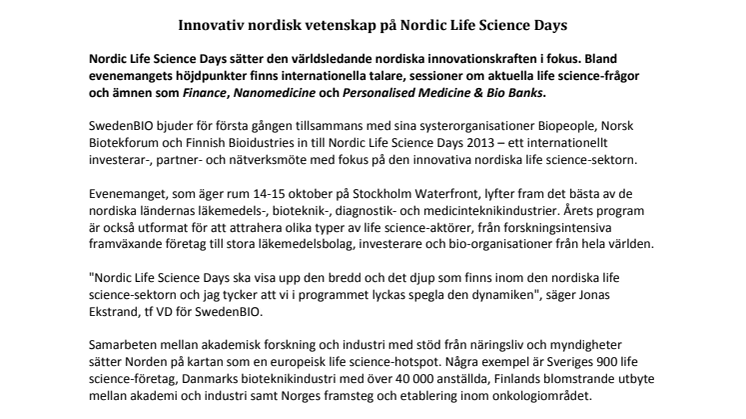 Innovativ nordisk vetenskap på Nordic Life Science Days