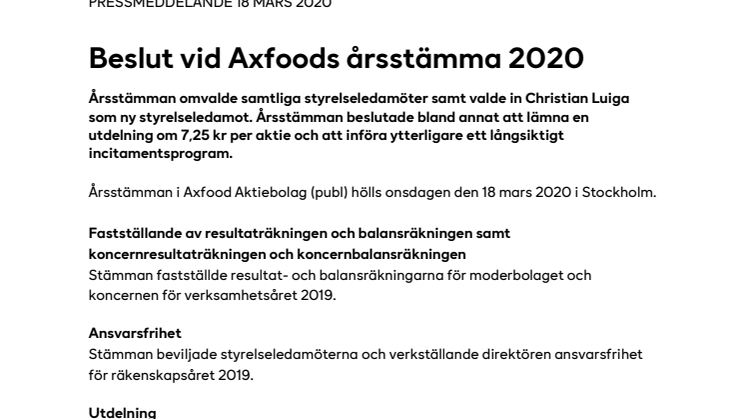 Beslut vid Axfoods årsstämma 2020