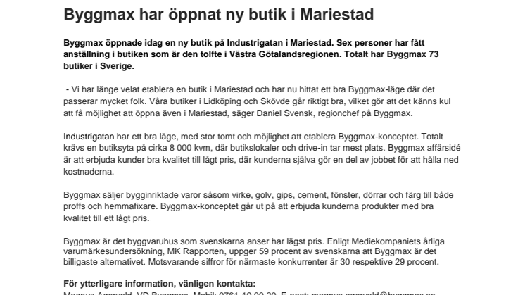 Byggmax har öppnat ny butik i Mariestad