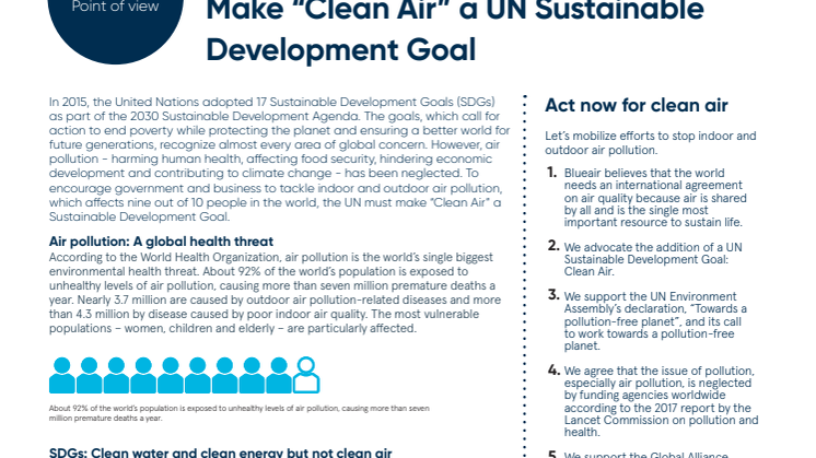 Blueair calls on the UN to add a Sustainable Development Goal on “Clean Air”