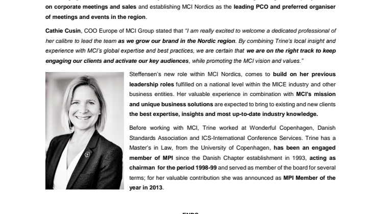 MCI NORDICS: CHANGES IN KEY MANAGEMENT POSITION - TRINE STEFFENSEN NOMINATED MANAGING DIRECTOR AFTER  NEW COMPANY ACQUISITIONS