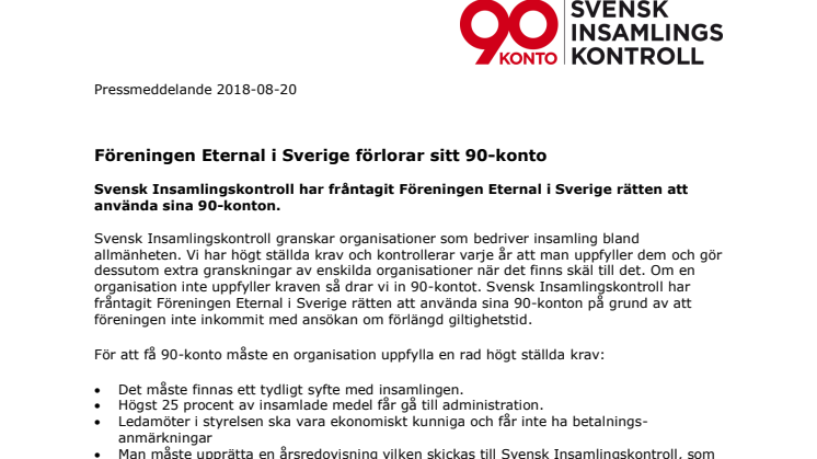 Föreningen Eternal i Sverige förlorar sitt 90-konto