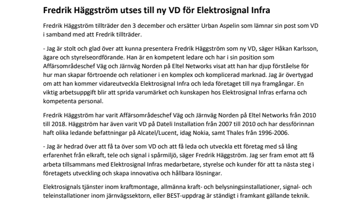 Fredrik Häggström utses till ny VD för Elektrosignal Infra