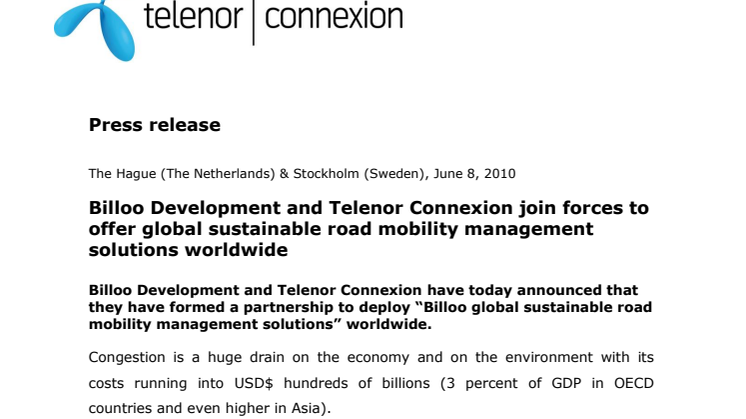 Billoo Development and Telenor Connexion join forces to offer global sustainable road mobility management solutions worldwide