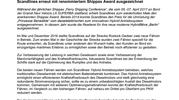 Scandlines erneut mit renommiertem Shippax Award ausgezeichnet 