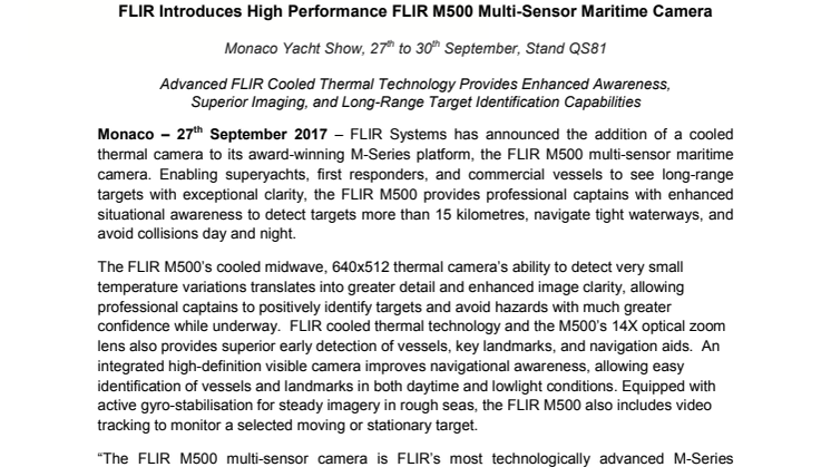 FLIR - Monaco Yacht Show: FLIR Introduces High Performance FLIR M500 Multi-Sensor Maritime Camera (Stand QS81)