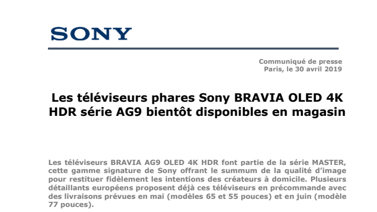 Les téléviseurs phares Sony BRAVIA OLED 4K HDR série AG9 bientôt disponibles en magasin