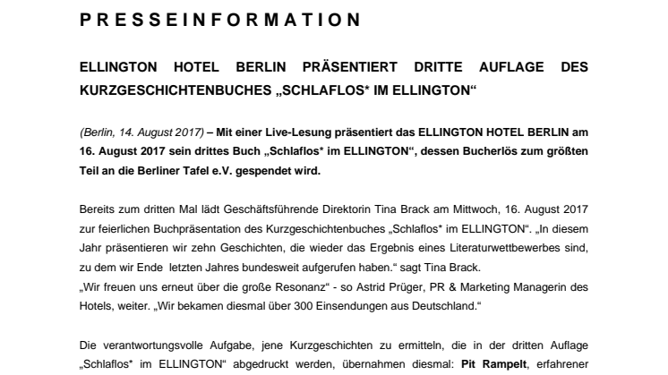 ELLINGTON HOTEL BERLIN präsentiert dritte Auflage des Kurzgeschichtenbuches "Schlaflos* im ELLINGTON"
