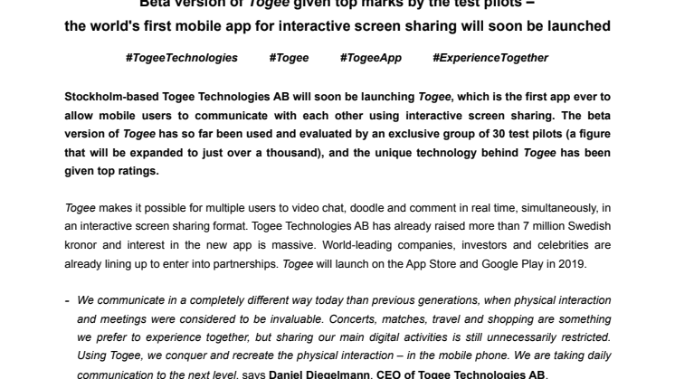 Beta version of Togee given top marks by the test pilots – the world's first mobile app for interactive screen sharing will soon be launched