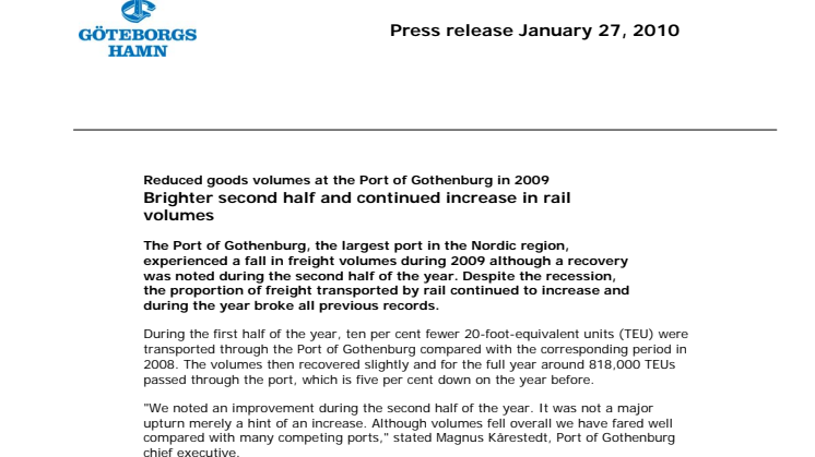 Reduced goods volumes at the Port of Gothenburg in 2009 - Brighter second half and continued increase in rail volumes