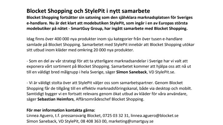 Blocket Shopping och StylePit i nytt samarbete