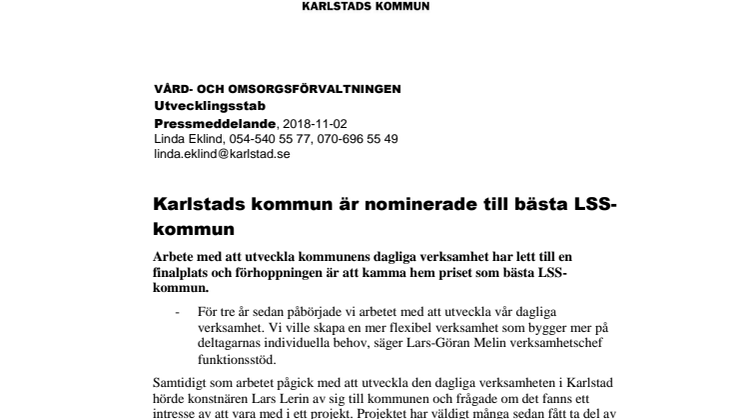 Karlstads kommun är nominerade till årets LSS-kommun