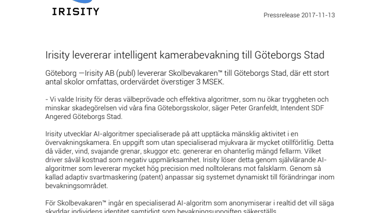 Irisity levererar intelligent kamerabevakning till Göteborgs Stad