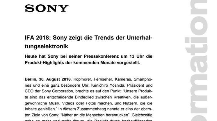IFA 2018: Sony zeigt die Trends der Unterhaltungselektronik