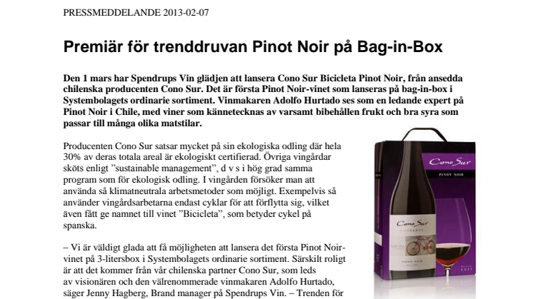 Premiär för trenddruvan Pinot Noir på Bag-in-Box 