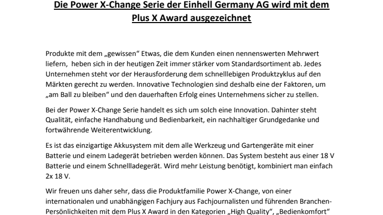 Die Power X-Change Serie der Einhell Germany AG wird mit dem Plus X Award ausgezeichnet