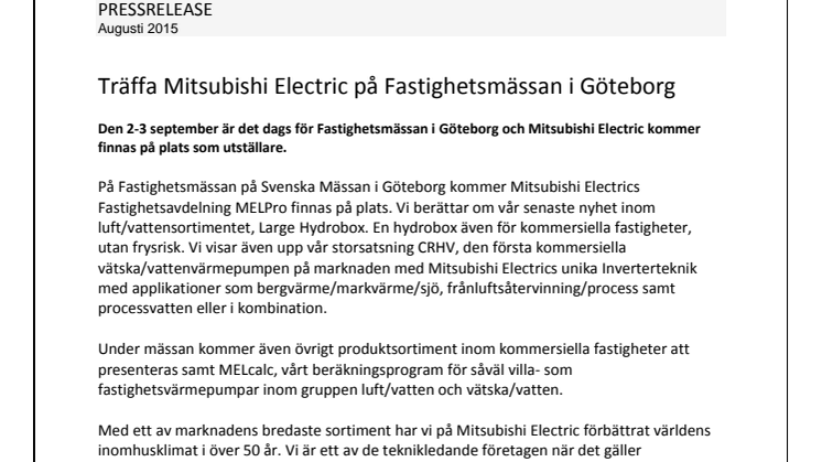 Träffa Mitsubishi Electric på Fastighetsmässan i Göteborg