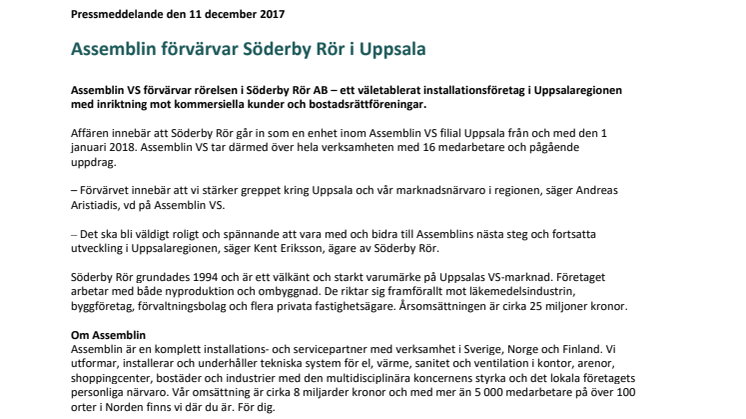 Assemblin förvärvar Söderby Rör i Uppsala