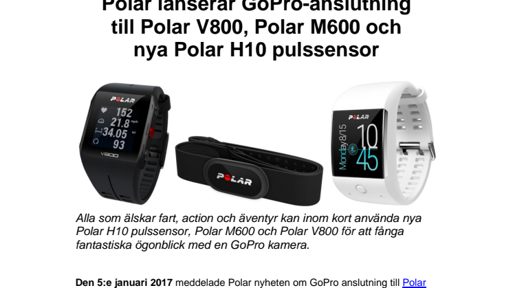 Polar lanserar GoPro-anslutning  till Polar V800, Polar M600 och  nya Polar H10 pulssensor