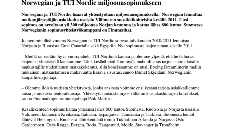 Norwegian ja TUI Nordic miljoonasopimukseen