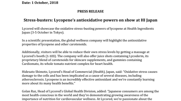 PRESS RELEASE: Stress-busters: Lycopene’s antioxidative powers on show at HI Japan