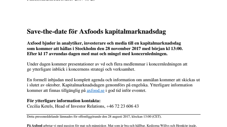 Save-the-date för Axfoods kapitalmarknadsdag