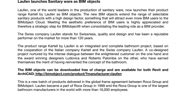 Laufen launches Sanitary ware as BIM objects