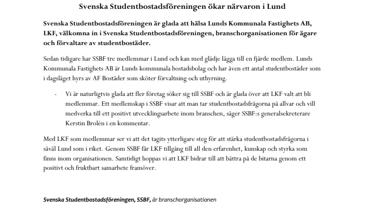 Svenska Studentbostadsföreningen ökar närvaron i Lund