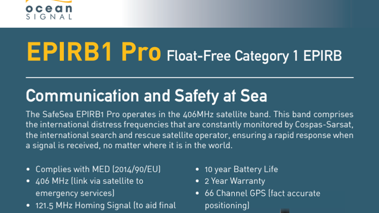 Spec Sheet - Ocean Signal SafeSea EPIRB1 Pro