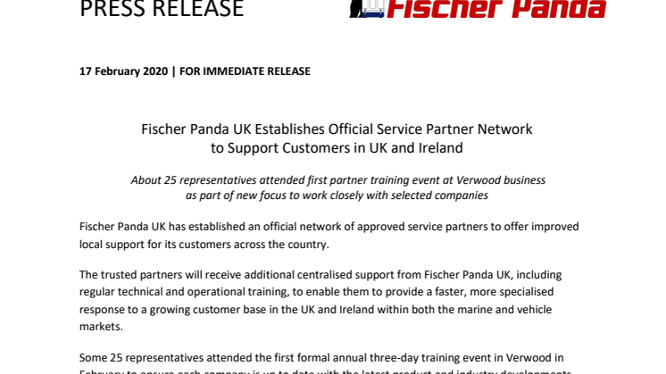 Fischer Panda UK Establishes Official Service Partner Network to Support Customers in UK and Ireland