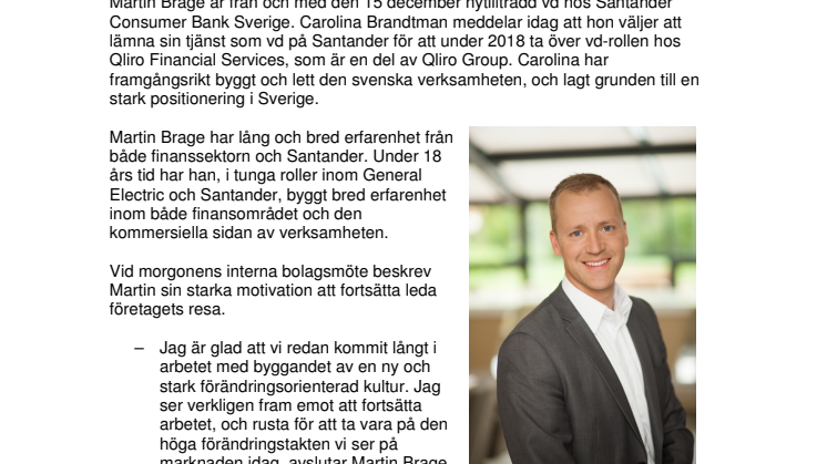 Martin Brage ny vd för Santander Consumer Bank Sverige