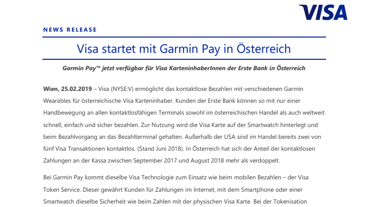 Visa startet mit Garmin Pay in Österreich
