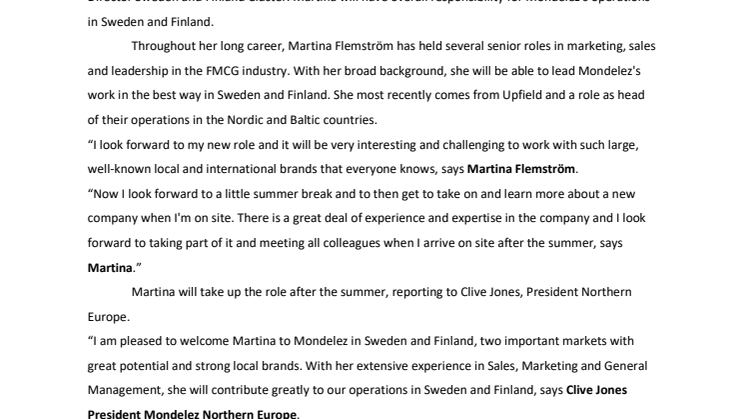 Martina Flemström new MD for Mondelez in Sweden and Finland