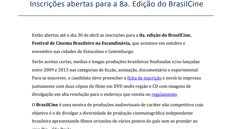 Abertas inscrições para a 8a. Edição do BrasilCine