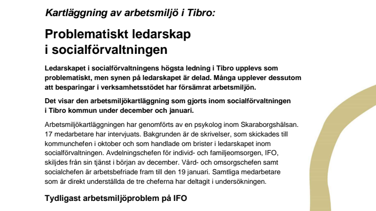 Kartläggning av arbetsmiljö i Tibro: Problematiskt ledarskap i socialförvaltningen