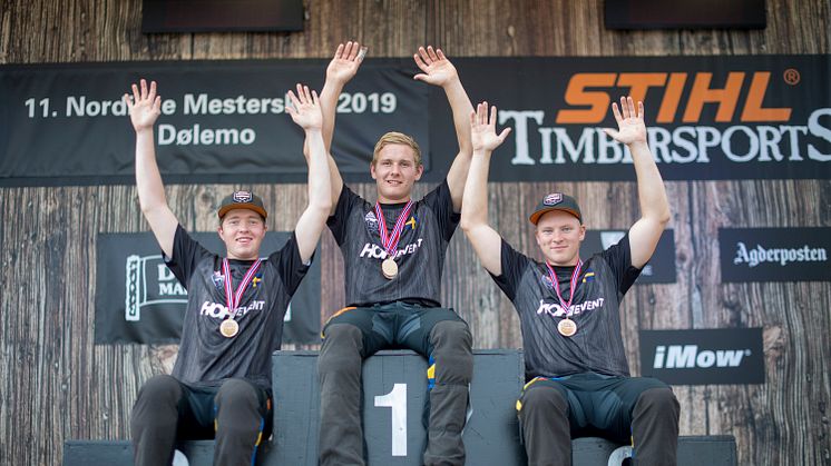 Bästa svenskarna under Rookie-NM. Från vänster: Adam Bjöns, Emil Hansson och Emil Svensson. Foto: STIHL TIMBERSPORTS®.