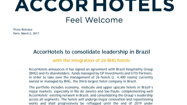 Press Release: AccorHotels to consolidate leadership in Brazil