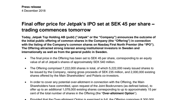 Final offer price for Jetpak’s IPO set at SEK 45 per share – trading commences today