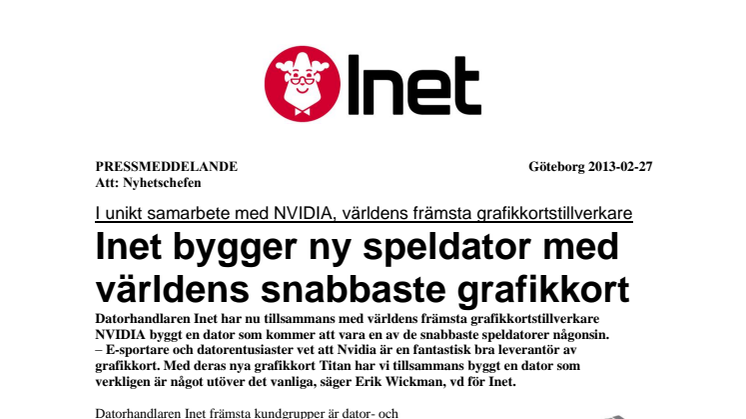 Inet i unikt samarbete med NVIDIA, bygger speldator med världens snabbaste grafikkort 