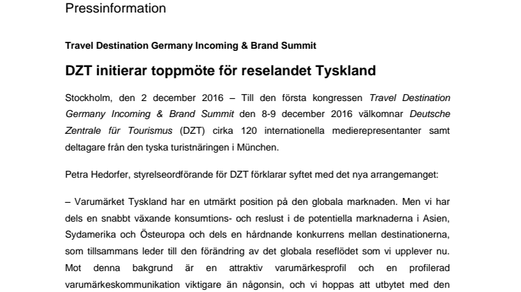 DZT initierar toppmöte för reselandet Tyskland