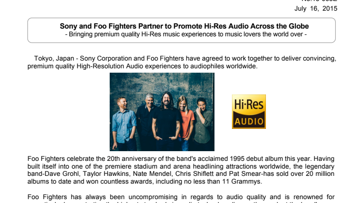 Sony ja Foo Fighters tekevät korkean resoluution ääntä tunnetuksi maailmalla – tarjoavat kaikille musiikin ystäville huipputason kuuntelukokemuksia 