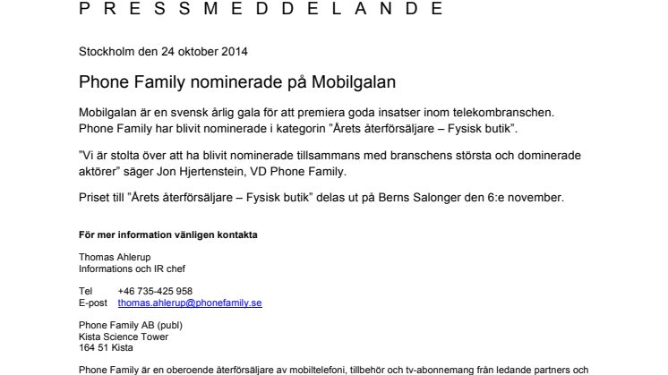 Phone Family nominerade på Mobilgalan