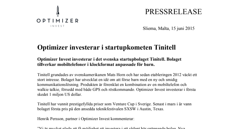 Optimizer investerar i startupkometen Tinitell 