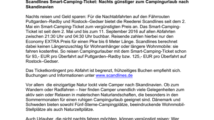 Scandlines Smart-Camping-Ticket: Nachts günstiger zum Campingurlaub nach Skandinavien