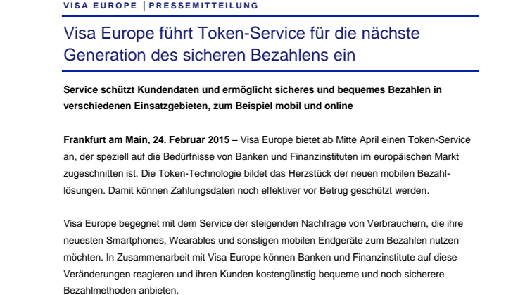 Visa Europe führt Token-Service für die nächste Generation des sicheren Bezahlens ein