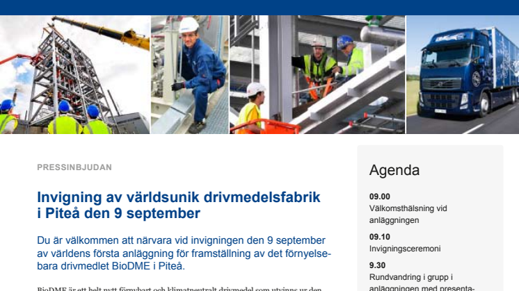 Invigning av världsunik drivmedelsfabrik i Piteå den 9 september