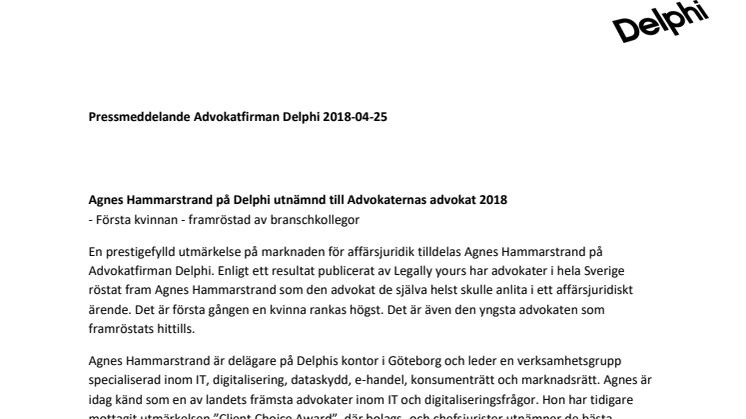 Agnes Hammarstrand på Delphi utnämnd till Advokaternas advokat 2018