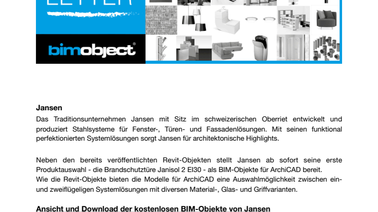 Newsletter - Neue BIM-Objekte von Jansen, Ecophon, Genelec, Airedale und Reggiani