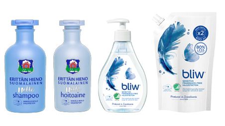 Uudet Erittäin hieno suomalainen Hellä shampoo ja hoitoaine sekä Bliw Sensitive ovat klassikkobrändien entistä hellemmät tuotteet